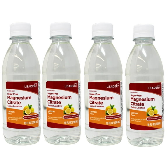 4 Pack - Leader Magnesium Citrate Saline Laxative, Sugar-Free, Lemon Flavor, 10 FL OZ