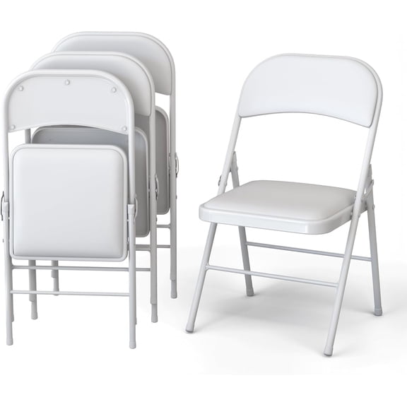4 Pack Leather Chair | Foldable & Stackable | 350 lbs Capacity Steel Frame Seats for Indoor or Outdoor | Commercial Use Events Wedding Party Events Bulk Picnic Kitchen Dining - White