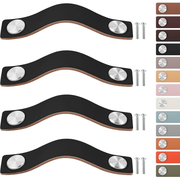 4 Pack Leather Drawer Pulls, Square Cabinet Handles, Knobs for Kitchen Drawers, Bathroom Dressers, Wardrobe Door (for 3.7 Inch Hole Center, Silver + Black) Black Center