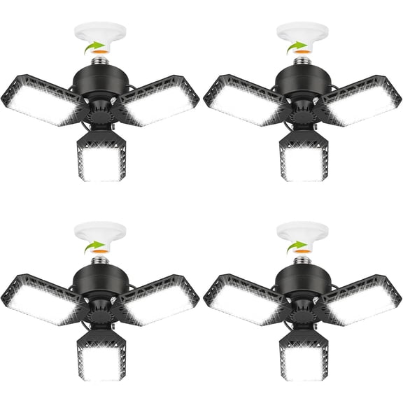 4 Pack Led Garage Lights, 60W Deformable Garage Ceiling Light 8000 lm E26 Basement Lights with 3 Adjustable Led Panels, Fits for Warehouse, Workshop, Barn, and Yard