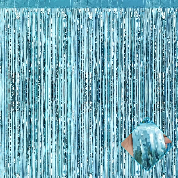 4 Pack Light Blue Foil Fringe Curtain Backdrop, 3.2Ft x 9.8Ft Metallic Tinsel Foil Fringe Streamers Curtains for Party, Photo Booth Prop, Birthday, Wedding, Halloween Party Decoration Supplies