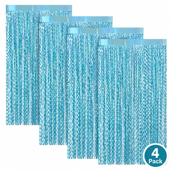 4 Pack Light Blue Foil Fringe Curtains Party Decorations, Wavy Sparkle Tinsel Backdrop Curtains for Birthday Graduation Halloween Christmas Photo Booth (3.3x6.6ft)