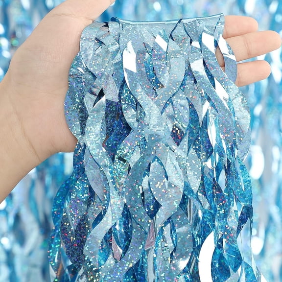 4 Pack Light Blue Party Foil Curtain - General 3.3 ft x 6.6 ft Wavy Photo Booth Backdrop Metallic Tinsel Foil Fringe Curtains Environmental Background for Birthday Wedding Party Christmas Decorations