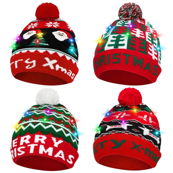 4 Pack Light Up Christmas Beanie Hats for Adults, LED Knitted Winter Hats with Automatic Color Changing Lights, Holiday Party Hats for Christmas, New Year & Winter Events