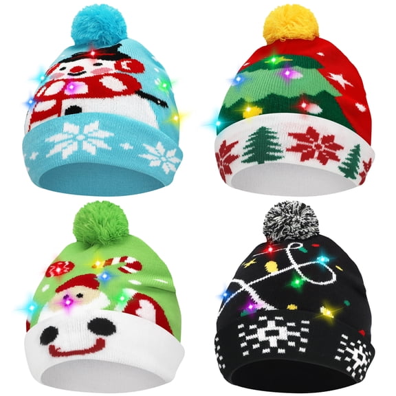4 Pack Light Up Christmas Beanie Hats, Colorful LED Knitted Winter Hats with Automatic Color Changing Lights, Fun Holiday Party Hats for Adults, Christmas Gifts & Family Celebrations