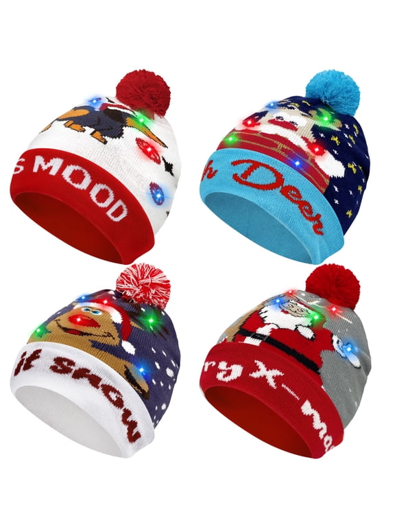 4 Pack Light Up Christmas Beanie Hats, LED Knitted Winter Hats with Automatic Color Changing Lights, Holiday Party Hats for Christmas, New Year & Winter Events