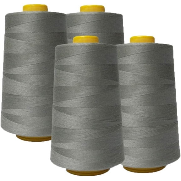 4-Pack Light Gray All Purpose Sewing Thread Cones (6000 Yards Each) of High Tensile Polyester Thread Spools for Sewing, Quilting, Serger Machines, Overlock, Merrow & Hand Embroidery