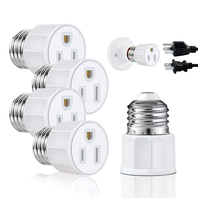 4 Pack Walmart Light Socket to Plug Adapter E26/E27 3 Prong Outlet