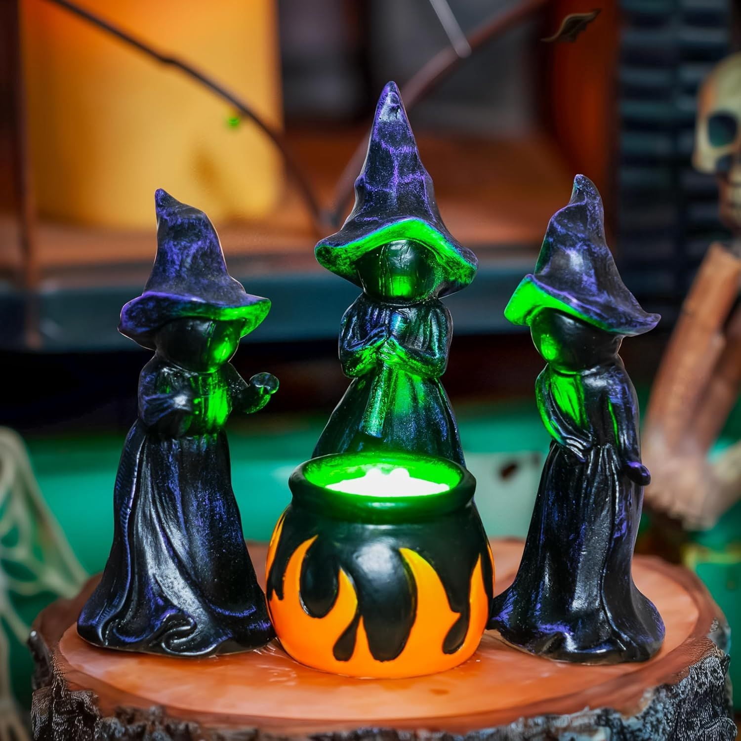 4 Pack Light Up Witch Cauldron Figurines with Green Glow for Halloween Decor