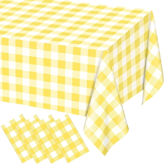 4 Pack Light Yellow Gingham Rectangular Plastic Tablecloths, Yellow and White Checkered Disposable Table Covers 54" x 108" for Birthday, Wedding, Bridal Shower, Outdoor Picnic Camping Parties