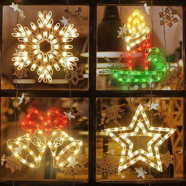 4 Pack Lighted Candle,Star, Bell, Snowflake Christmas Window Silhouette