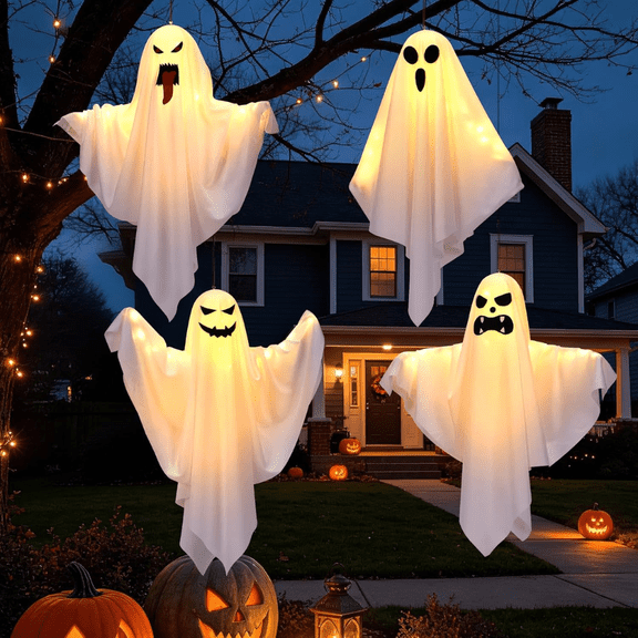 4 Pack Lighted Halloween Ghost Decorations, 19.7" Hanging Ghosts with 3 Flashing Modes, DIY Bendable Arms, Cute Spooky Ghost Decor for Indoor Outdoor Party, Porch & Yard