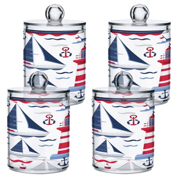 4 Pack Lighthouse Wave Ship Qtip Holder Dispenser Clear Plastic Storage Apothecary Jars for Cotton Swabs Balls Pads Floss