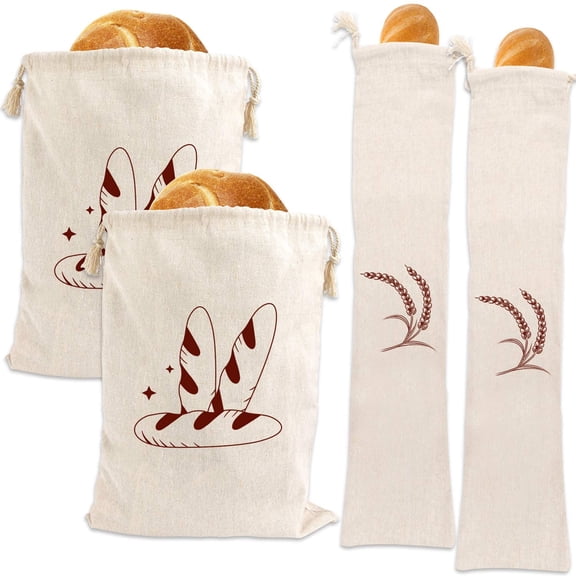 4-Pack Linen Bread Bags - Unbleached, Reusable, Perfect for Homemade Bread, Baguettes, Pastries