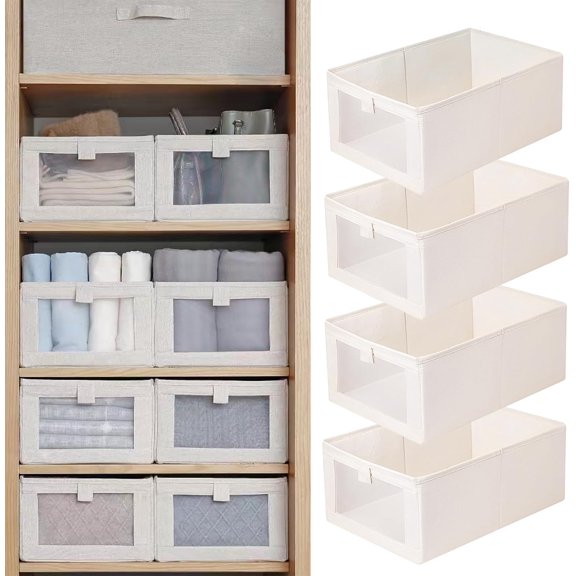 4-Pack Linen Closet Storage Bins with Clear Window Foldable Natural Fiber Fabric Organizer Boxes with Fiberboard Bottom, Lightweight & Durable Storage Baskets for Clothes, Towels & Blankets