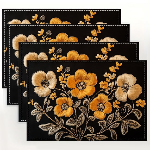 4-Pack Linen Placemats, 12x18 Inch, Square Imitation Embroidery Nouveau Buttercups Design, Hand Washable Woven Table Mats for Dining, Kitchen, Party, Indoor, Holiday, Dinner Parties & Home Decor