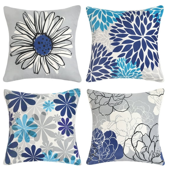 4 Pack Linen Throw Pillow Covers Modern Blue Daisy Pattern Decorative Square Cushion Cover for Sofa 18 x 18 inch