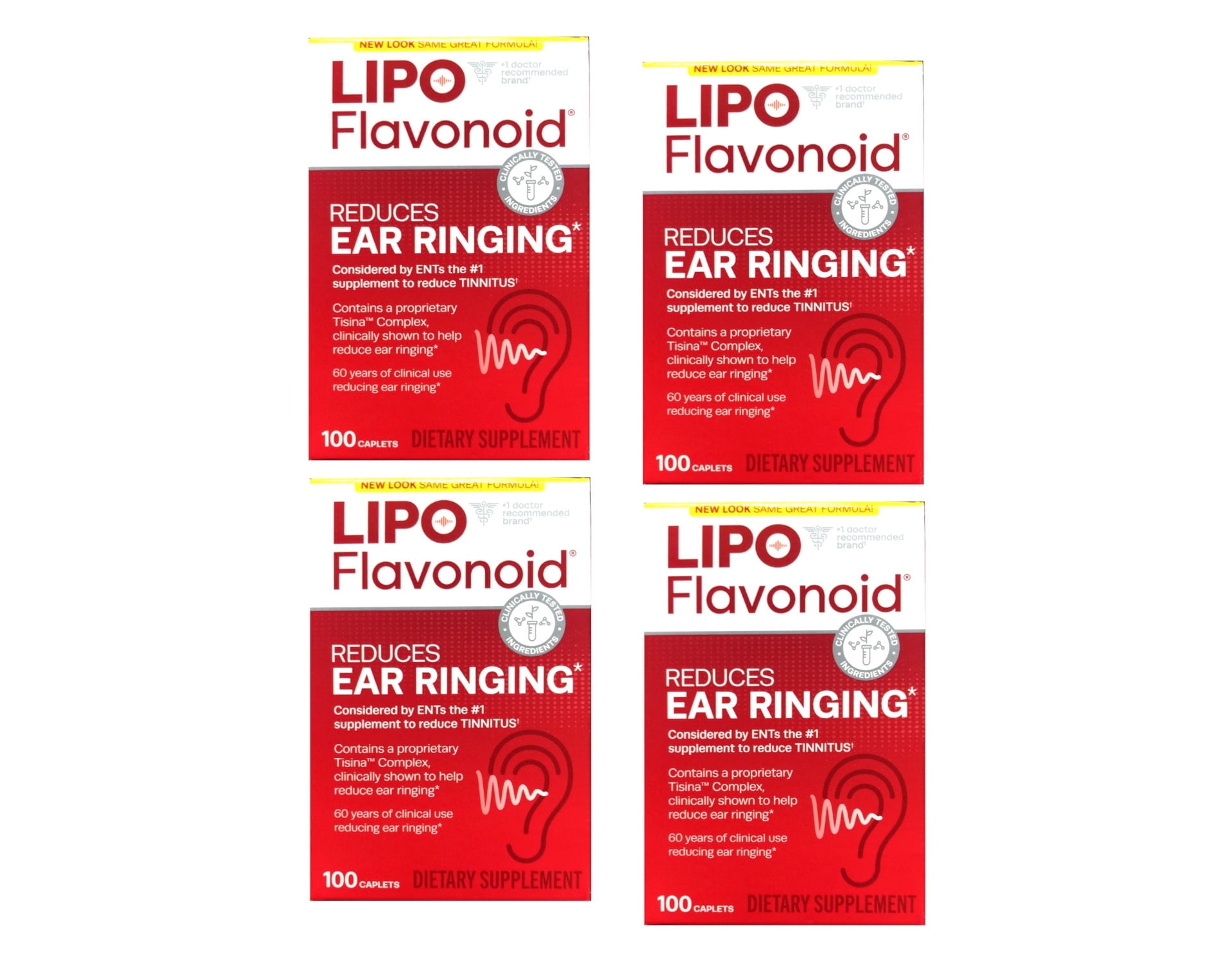 4 Pack Lipo Flavonoid Plus Ear Health Caplets, For Ear Ringing, 100 Count Each