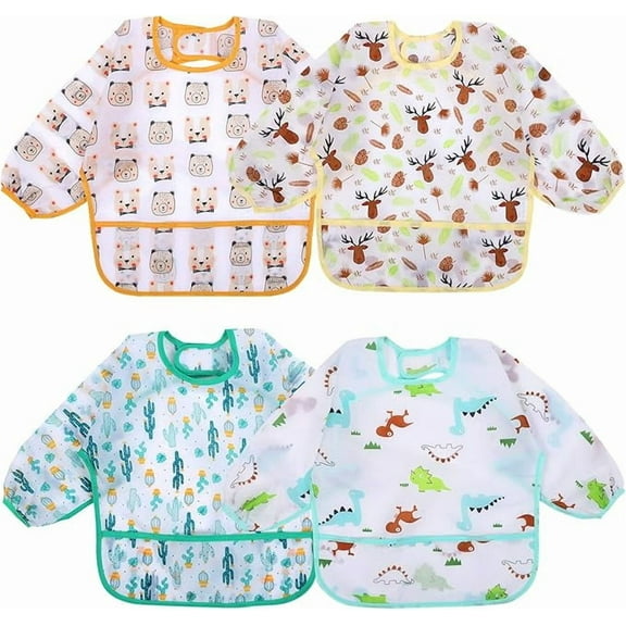 4 Pack Long Sleeve Bibs, Baby Smock Waterproof Sleeved Bib Smock for Baby Toddler 6-36 Months