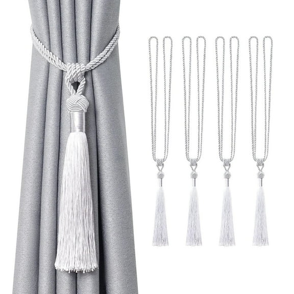 4 Pack Long Tassel Curtain Tiebacks, Handmade Braided Rope Knot Drape Curtain Holdbacks, Silver Grey