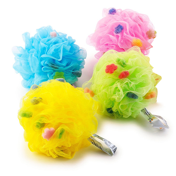 (4 Pack) Lovely Kids Exfoliating Bath Scrubber Body Scrubber Shower Ball for Baby Toddler Kids Gentle Exfoliating Bath Sponge Loofah Pouf in Colorful Design