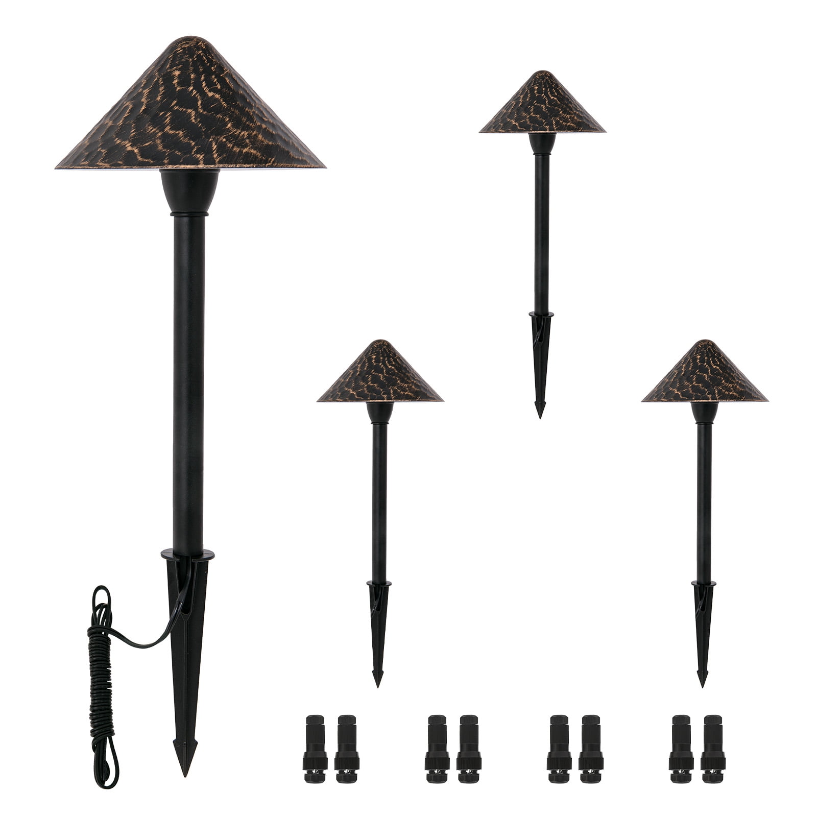 4-Pack Low Voltage Pathway Lights, 3W 12-24V CRI90+ Low Profile LED Landscape Path Lights, Cone Head with Vintage Golden Texture, Black Aluminum Housing,2700K Warm White for Garden