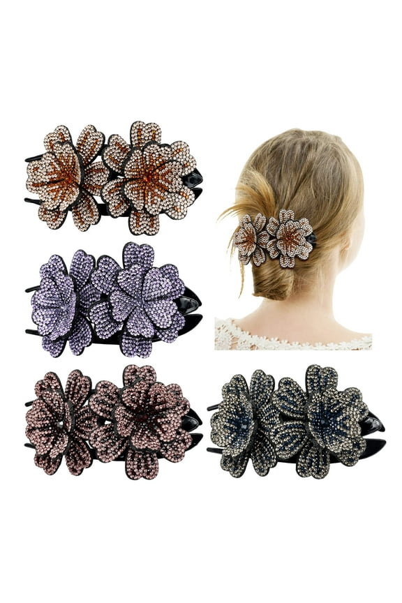 4 Pack Luxury Fancy Gems Korean Decorative Glitter Sparkly Crystals Rhinestones Double Flower Hair Claws Clips Plastic Barrettes Hairpin Clamps Hair Accessories for Women Girls Thick Long Hair