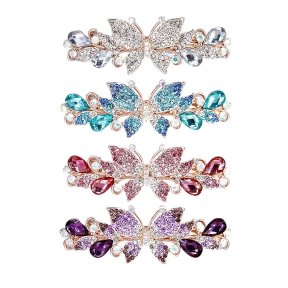 4 Pack Luxury Glitter Sparkly Jeweled Gems Korean Decorative Crystal Rhinestone Flower Strong Metal French Barrettes Snap Alligator Hair Clips Headpieces Accessories for Women Girls