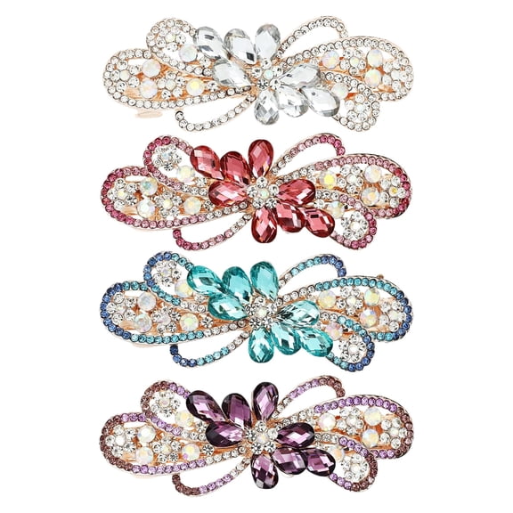 4 Pack Luxury Glitter Sparkly Jeweled Gems Korean Decorative Crystal Rhinestone Flower Strong Metal French Barrettes Snap Alligator Hair Clips Headpieces Accessories for Women Girls