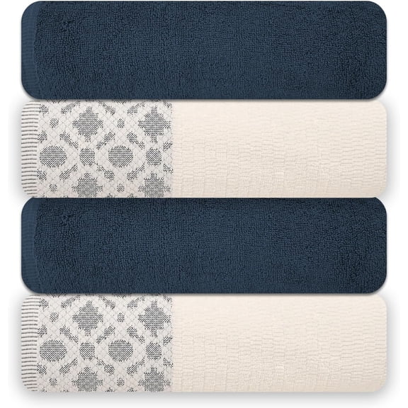 4 Pack Luxury Jacquard Bath Towel Set – 100% Cotton, 600 GSM Ultra Soft & Absorbent Towels – Elegant Floral Pattern – 4 Large Bath Towels 27"x54" for Bathroom, Gift Spa & Hotel (China Blue)