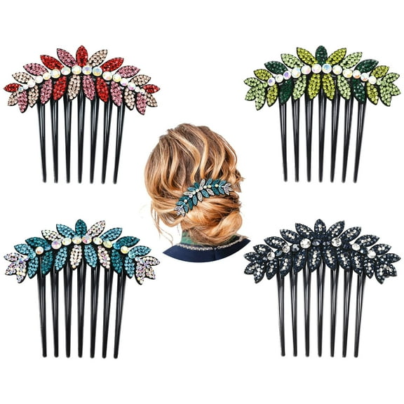 4 Pack Luxury Jeweled Gems Crystal Rhinestone Sparkly Glitter Flower Leaf Black Plastic Side French Twist Hair Combs Long Teeth Slide Hairpins Barrettes Bun Chignon Clips Holder for Women Girl