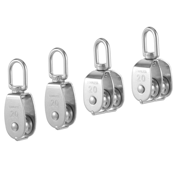 4 Pack M20 Lifting Single Pulley Block 304 Stainless Steel Crane Swivel Hook Double Pulley Roller Loading
