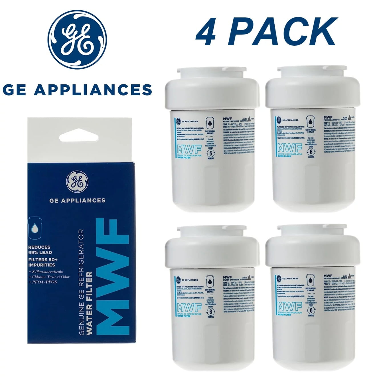 4 Pack MWF Water Filter for GE Refrigerators, Replacement Water Filter