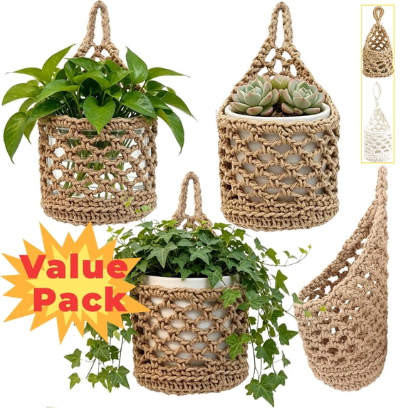 4-Pack Macrame Wall Plant Hangers, Natural Cotton Hanging Planter Baskets for Indoor Plants, Boho-Style Woven Plant Baskets for Walls, Small Hanging Pots for Succulents and Kitchen Storage Yellow
