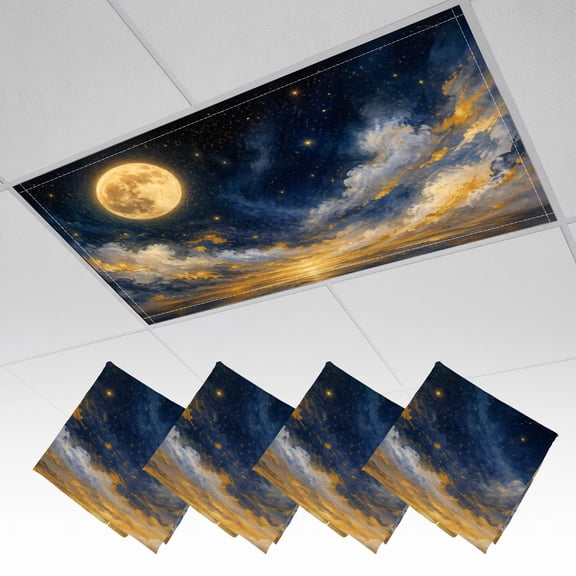 4 Pack Magnetic Ceiling Light Covers 2 x 4 Feet, Dark Academia Celestial Moody Star 3D Sandstone Moon Stars Clouds Light Shades & Filters for Office Classroom Drop Ceiling Flat Panel Lights