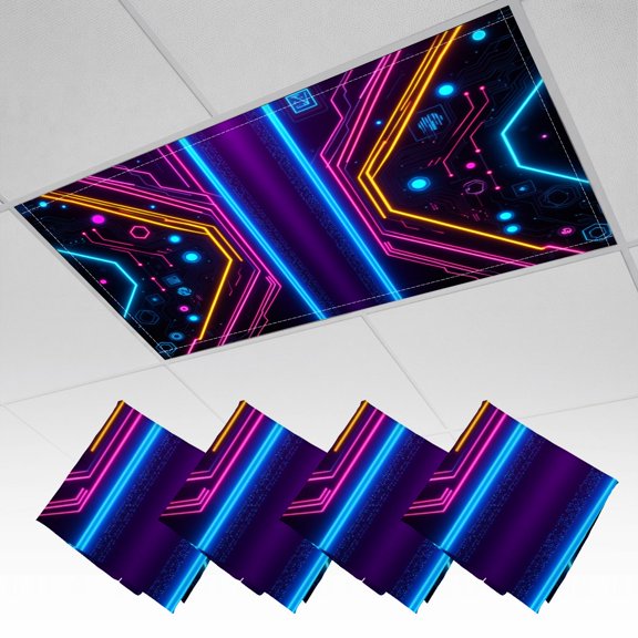 4 Pack Magnetic Ceiling Light Covers 2 x 4 Feet, Futuristic Neon Symmetrical Abstract Glowing Lines Tech Light Shades & Filters for Office Classroom Drop Ceiling Flat Panel Lights