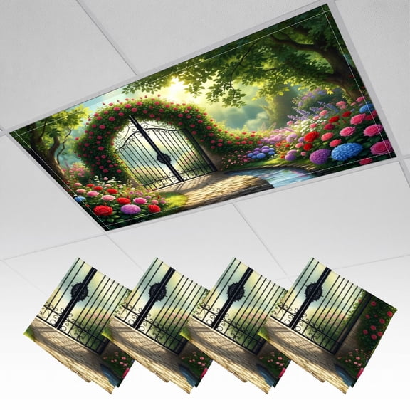 4 Pack Magnetic Ceiling Light Covers 2 x 4 Feet, Garden Gate Framed Flowers Tranquil Pathway Light Shades & Filters for Office Classroom Drop Ceiling Flat Panel Lights