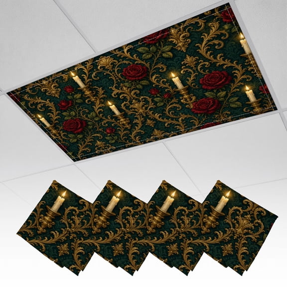 4 Pack Magnetic Ceiling Light Covers 2 x 4 Feet, Gothic Red Roses Candles Dark Floral Light Shades & Filters for Office Classroom Drop Ceiling Flat Panel Lights