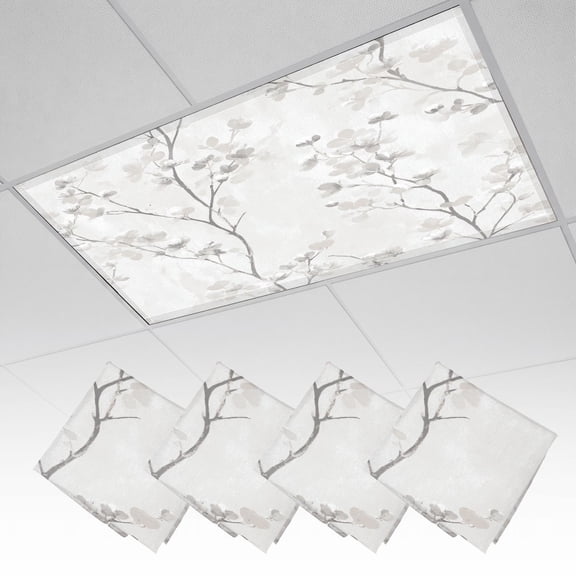 4 Pack Magnetic Ceiling Light Covers 2 x 4 Feet, Soft Gray Floral Blossom Branches Watercolor Light Shades & Filters for Office Classroom Drop Ceiling Flat Panel Lights