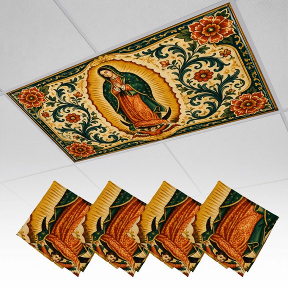 4 Pack Magnetic Ceiling Light Covers 2 x 4 Feet, Traditional Religious Virgin Ornate Floral Light Shades & Filters for Office Classroom Drop Ceiling Flat Panel Lights