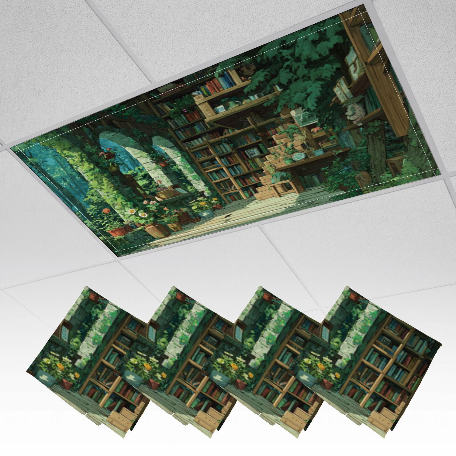 4 Pack Magnetic Ceiling Light Covers 2 x 4 Feet, Woodland Library Books ...
