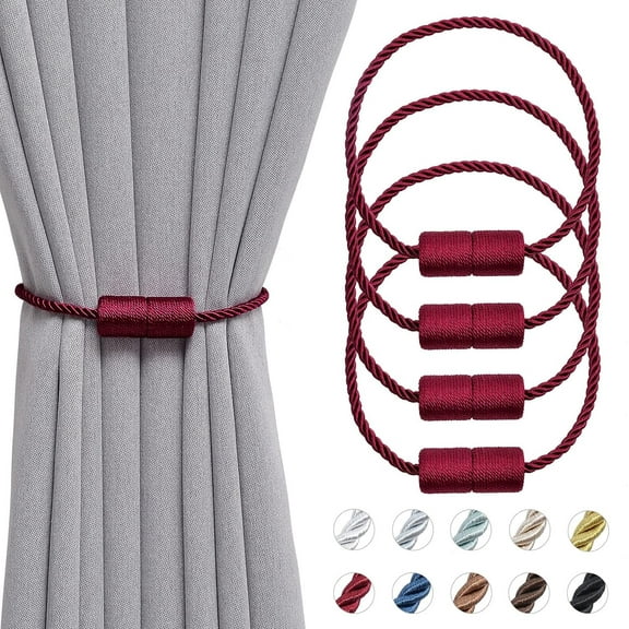 4 Pack Magnetic Curtain Tiebacks 16 Inch Handmade Weave Side Rope Curtain Holdbacks Convenient Decorative Cylinder Curtain Drape Tie Backs for Home & Office Window Drapery (Wine Red)