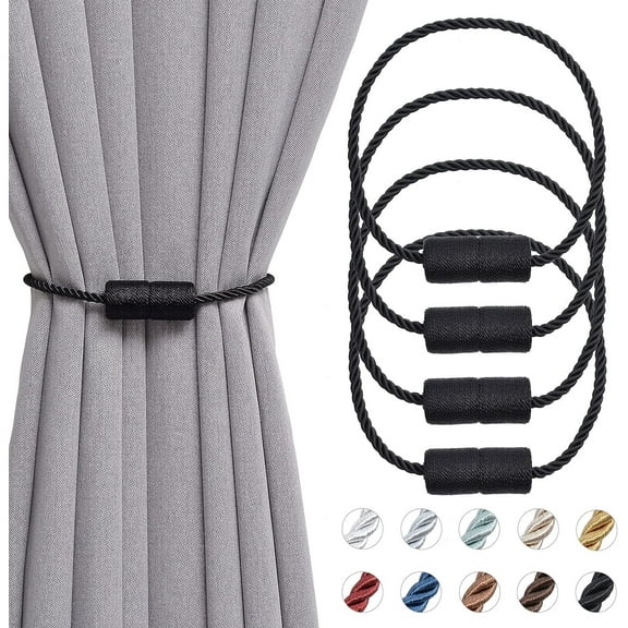 4 Pack Magnetic Curtain Tiebacks 16 Inch Handmade Weave Side Rope Curtain Holdbacks Convenient Decorative Cylinder Curtain Drape Tie Backs for Home & Office Window Drapery (Black)