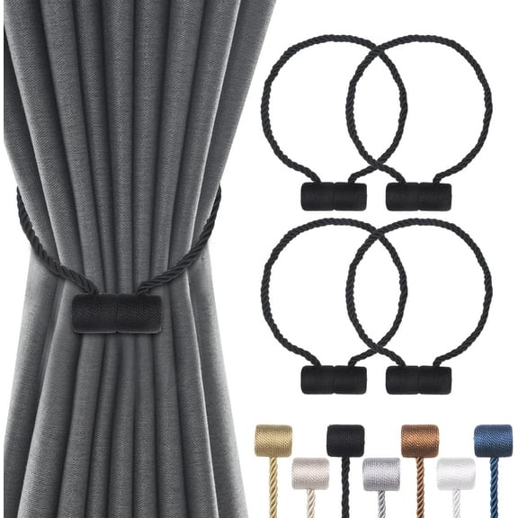 4 Pack Magnetic Curtain Tiebacks Curtain Holdbacks Curtain Ties Outdoor Curtain Tiebacks Modern Rope Tiebacks Drapery Holdbacks Tie Backs for Curtains (Black, 4)