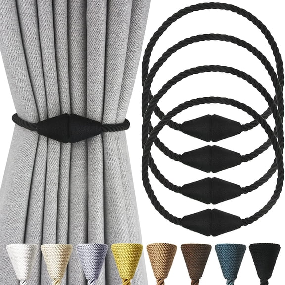 4 Pack Magnetic Curtain Tiebacks Rope Modern Handmade Curtain Tie Backs Decorative Drapes Weave Holdbacks for Window Dcor, Black