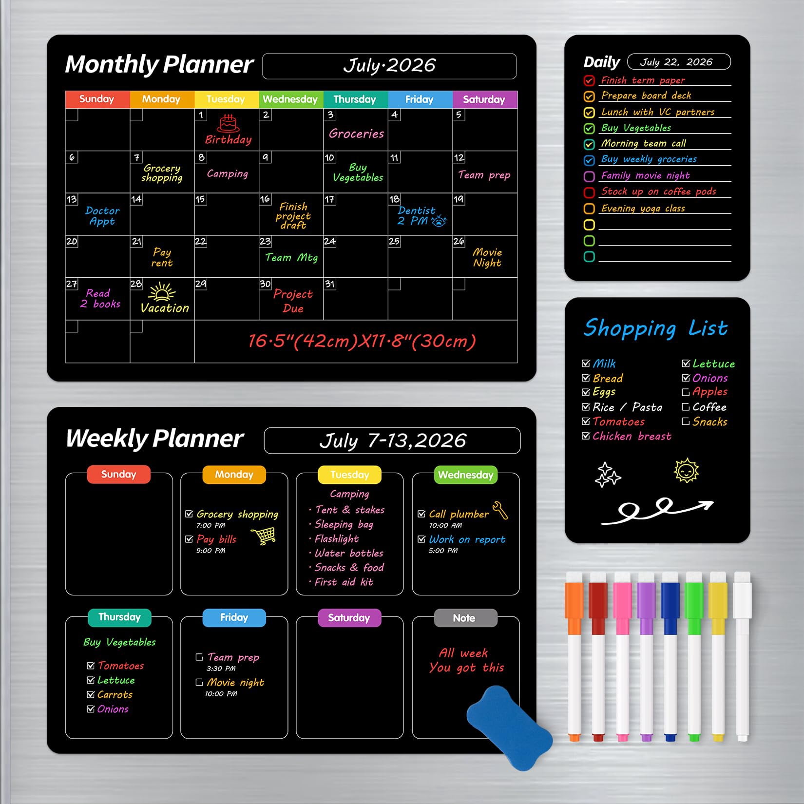 4 Pack Magnetic Dry Erase Board Set  16.5"x11.8" Calendar For Refrigerator Fridge Black Weekly Planner Whiteboard Easy To Use With 8 Markers & Eraser