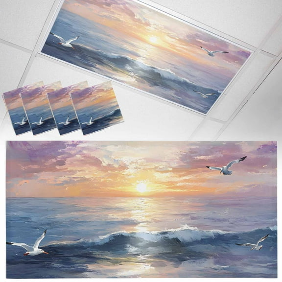 4 Pack Magnetic Fluorescent Light Covers, 2x4 Ft,Colorful Sunset Ocean Seagull Cloudy Sky Oil Painting Magnetic Light Covers for Ceiling Lights Classroom Office Home Decor