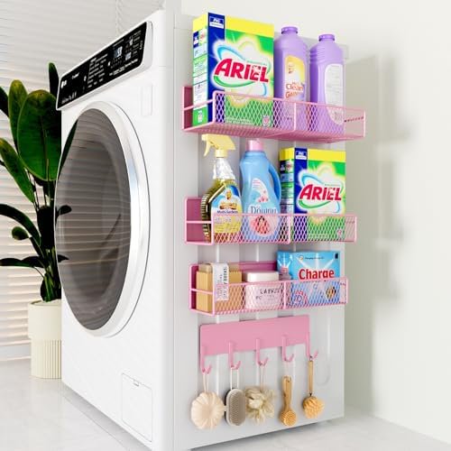 4 Pack Magnetic Shelves for Washing Machine, Heavy-Duty Magnetic Laundry Organizer with Hooks, Washing Machine Shelf for Refrigerator, Metal Storage Baskets, Closet & Laundry Room Organization (Pink)