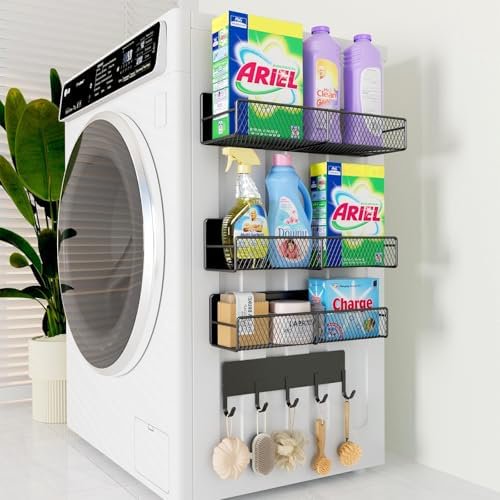 4 Pack Magnetic Shelves for Washing Machine, Heavy-Duty Magnetic Laundry Organizer with Hooks, Washing Machine Shelf for Refrigerator, Metal Storage Baskets, Closet & Laundry Room Organization(Black)