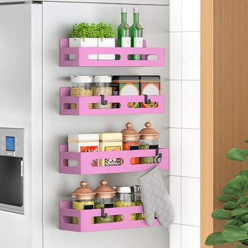 4 Pack Magnetic Spice Rack for Refrigerator, Spice Rack Organizer, Moveable Magnetic Shelf Fridge Organizer with 4 Hooks for Kitchen and Oven Organization, Pink